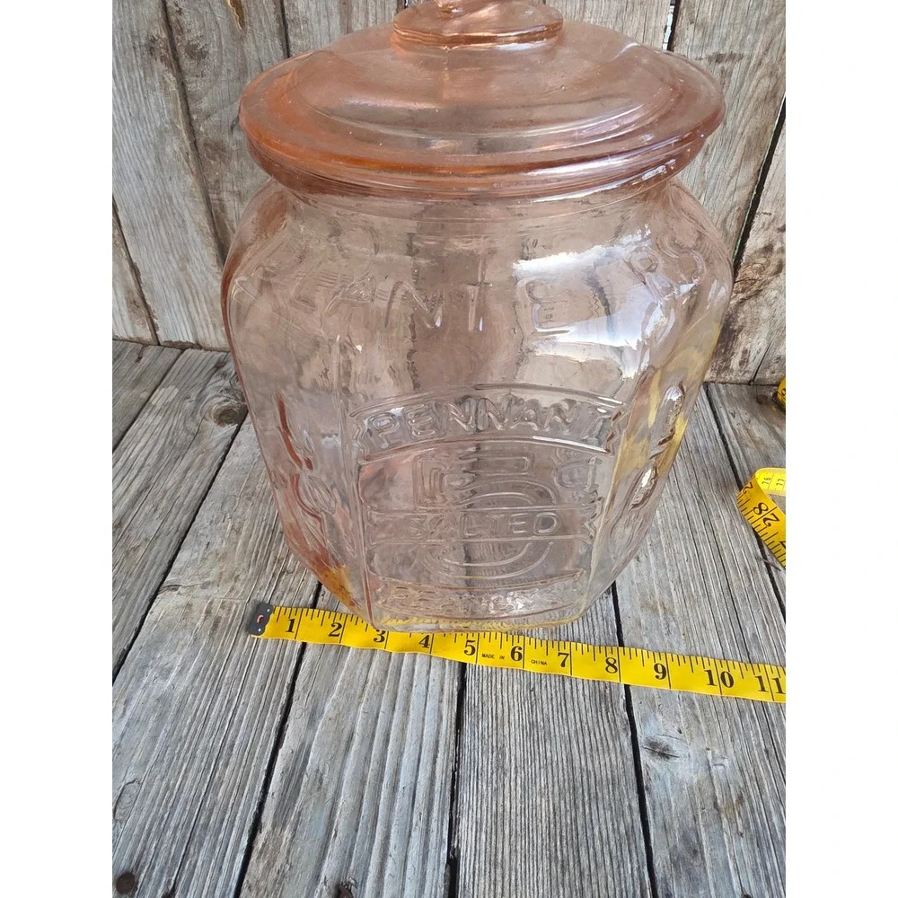 Planters Pennant 5 Cent Salted Peanuts Pink Glass Jar Mr Peanut Lid Finial 13